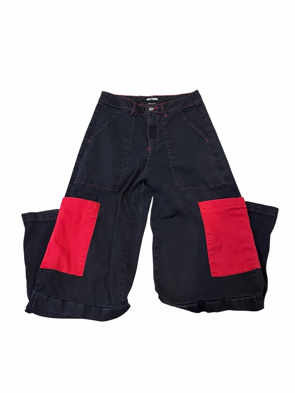 Hot Topic black cargo pants with red patchwork on the lower wide legs